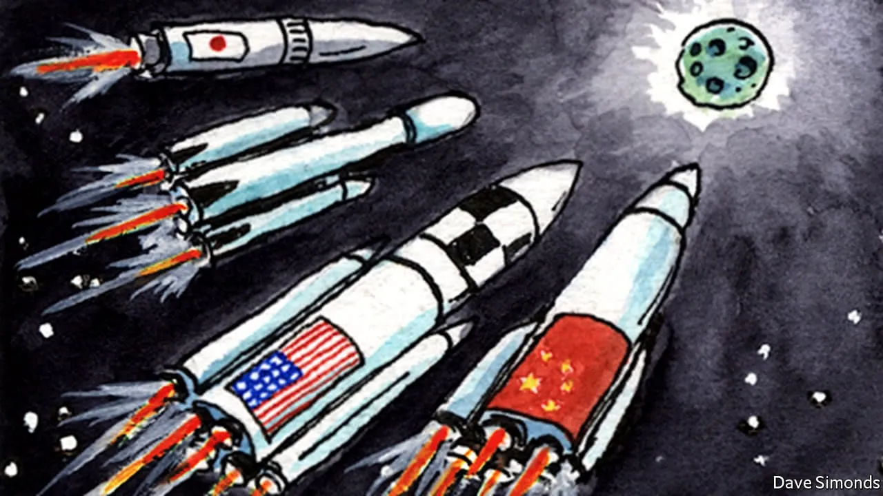 Illustration by Dave Simonds of rockets with Japanese, American and Chinese flags racing towards the Moon